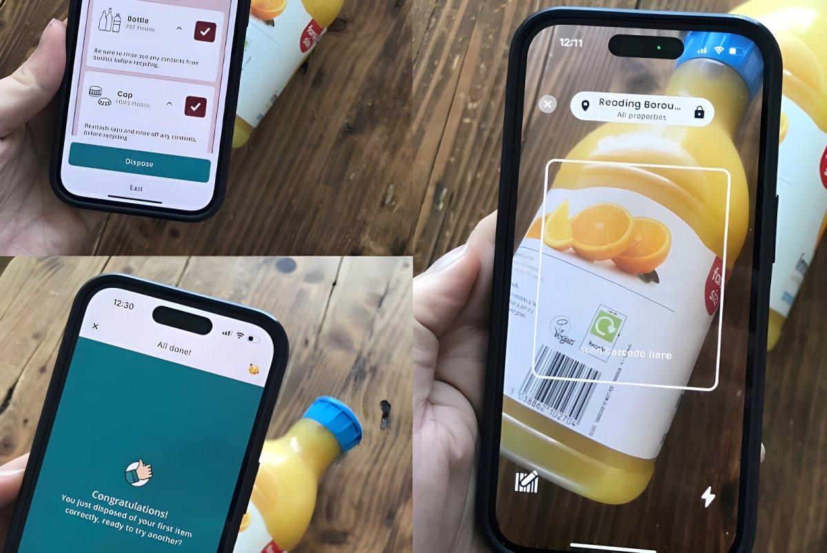 A person uses the Scrapp mobile app to scan a juice bottle barcode for recycling instructions.