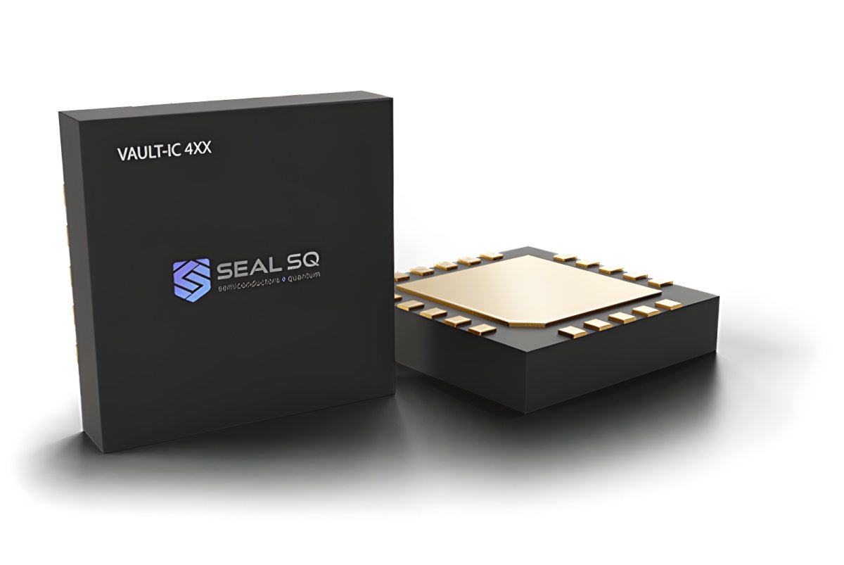 SEALSQ Vault-IC 4XX semiconductor chip and branded black product box on a white surface.