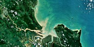 Satellite view of sediment plumes flowing from a river estuary into coastal ocean waters.