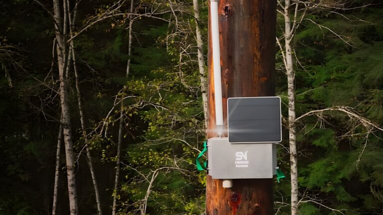 A SenseNet wildfire detection sensor with a solar panel and antenna mounted on a wooden pole in a forest.