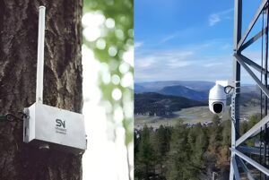 SenseNet sensor mounted on a tree trunk and a surveillance camera on a metal tower overlooking a forested valley.