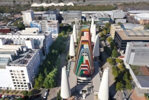 Aerial view of the European Union Pavilion and surrounding office buildings at the Seville TechPark.