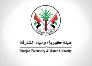 Sharjah Electricity & Water Authority (SEWA) logo featuring a palm tree, crossed flags, and Arabic and English text.