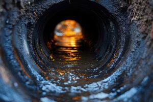 Close-up interior view of a dark, wet underground sewer pipe with water reflecting light at the bottom.