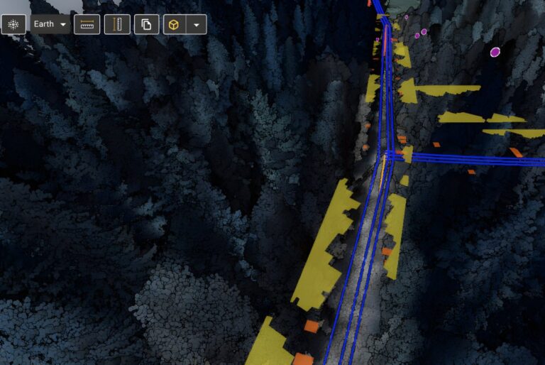 Sharper Shape CORE software interface showing a 3D LiDAR scan of power lines and vegetation in a dense forest.
