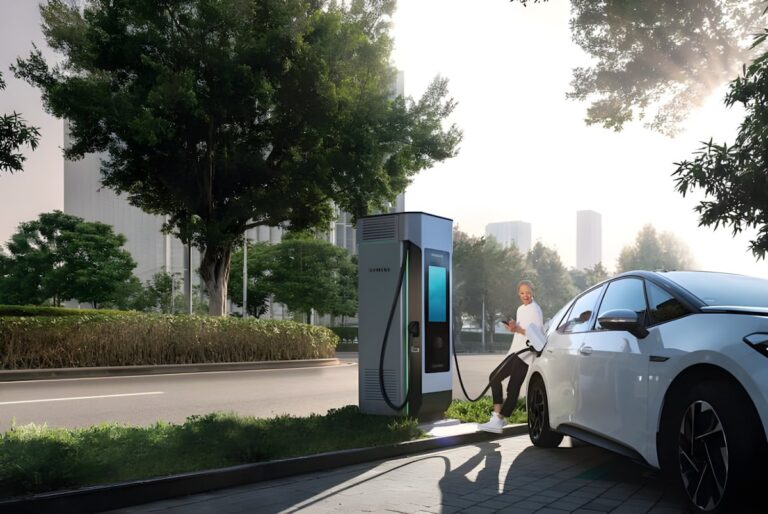 A person leans against a white electric car while using a Siemens SICHARGE D fast-charging station on a tree-lined street.