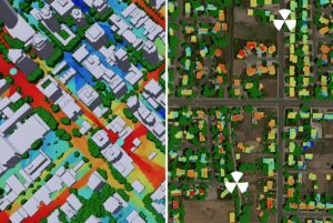 Split-screen 3D digital twin and aerial map of a city showing heat signatures and signal propagation over buildings.