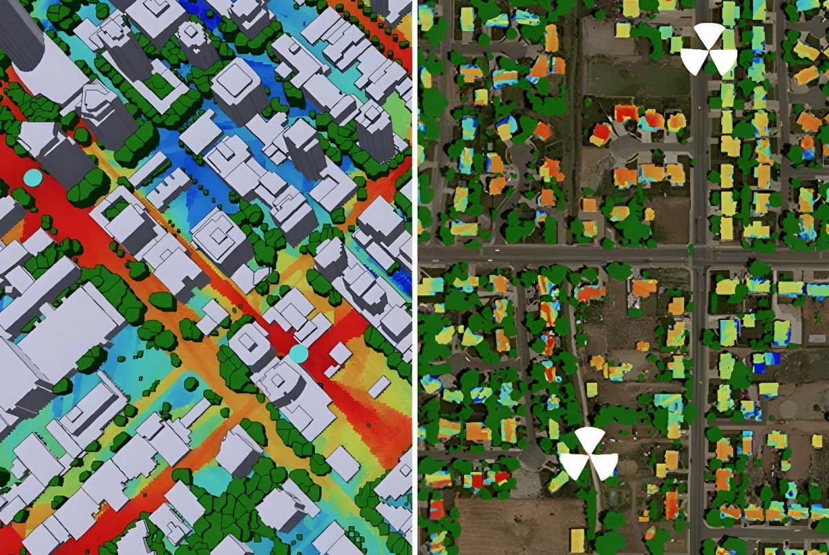 Split-screen 3D digital twin and aerial map of a city showing heat signatures and signal propagation over buildings.