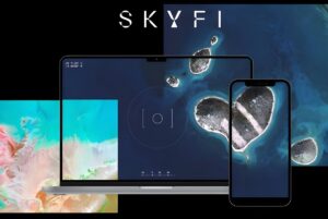 SkyFi logo above a laptop and smartphone displaying satellite imagery of islands and coastal terrain.