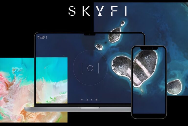 SkyFi logo above a laptop and smartphone displaying satellite imagery of islands and coastal terrain.