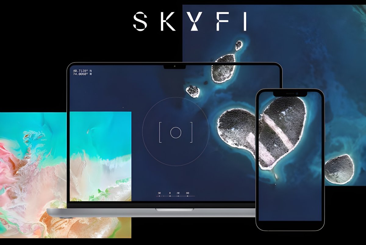 SkyFi logo above a laptop and smartphone displaying satellite imagery of islands and coastal terrain.