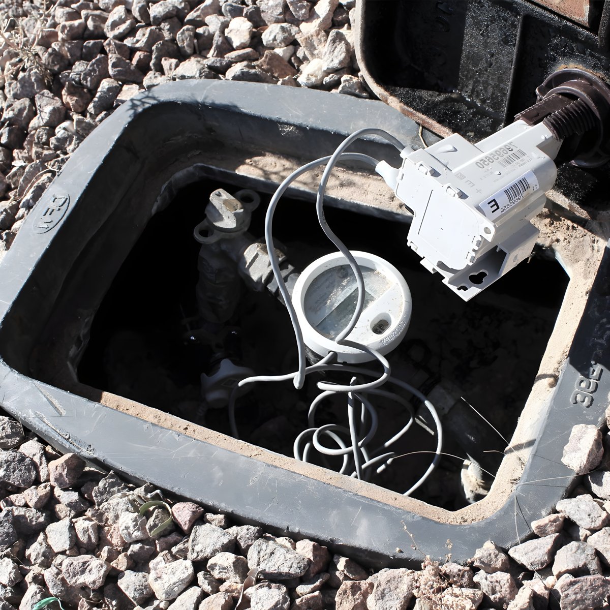 A digital smart water meter with wired sensors installed in an open underground utility box surrounded by gravel.