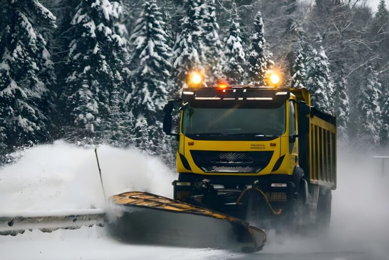 Yellow Iveco snowplow clearing a snow-covered road with flashing amber lights against a backdrop of pine trees.