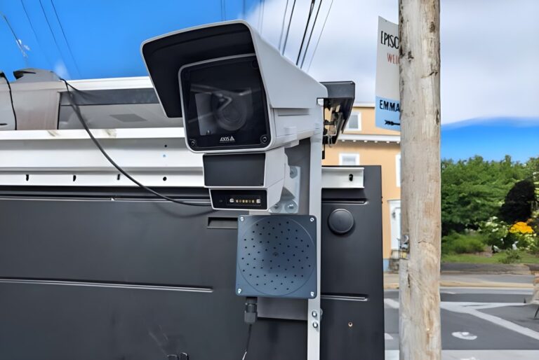 A Sorama acoustic camera and sensor mounted on a street pole for urban noise monitoring.