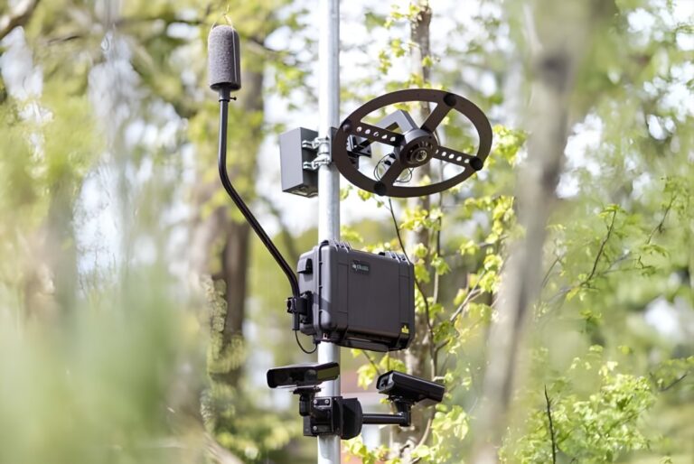 A Soundvue noise detection system with cameras, microphone, and acoustic sensor mounted on a pole in a wooded area.