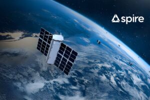 Digital rendering of Spire satellites orbiting Earth with the Spire logo in the upper right corner.