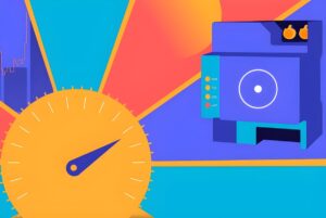 Flat vector illustration of a digital smart meter and a circular gauge dial against a colorful geometric background.