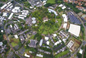 Aerial view of the circular Unicamp campus layout in Brazil featuring academic buildings, parking lots, and green spaces.