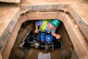 A technician in a green hard hat and safety vest inspects a blue automated valve on a water pipe inside an underground pit.