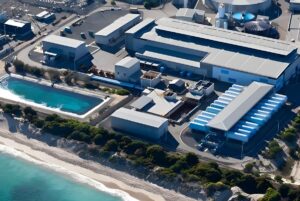 Aerial view of a coastal water desalination plant featuring industrial buildings, storage tanks, and a large outdoor pool.