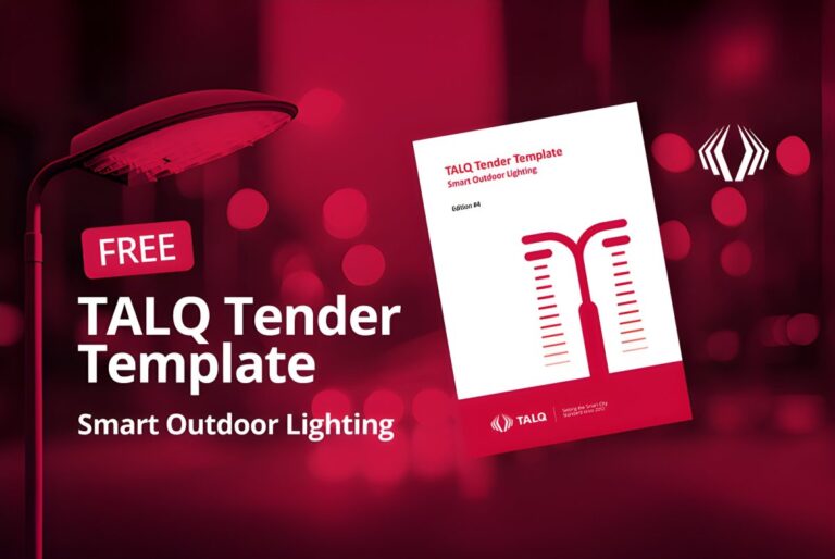 TALQ Consortium Smart Outdoor Lighting Tender Template document over a red-toned street lamp and bokeh city lights.