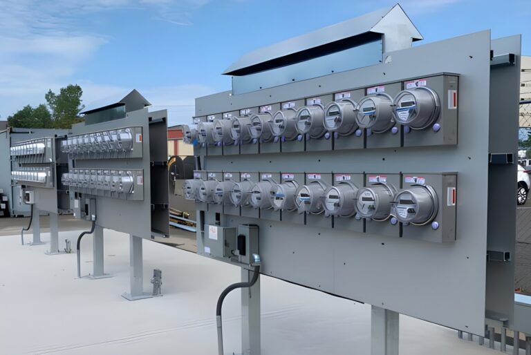 Rows of TESCO smart electric meters mounted on outdoor metal utility racks under a blue sky.