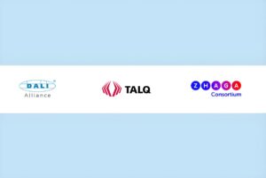 Logos for the DALI Alliance, TALQ Consortium, and Zhaga Consortium arranged horizontally on a white and blue background.