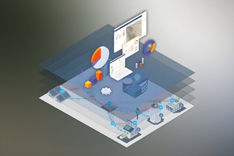 Isometric illustration of a digital grid showing solar panels, utility meters, and data analytics dashboards on a laptop.