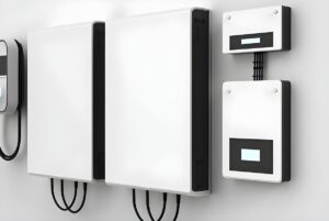 Wall-mounted residential battery storage units and smart energy meters with digital displays on a white wall.