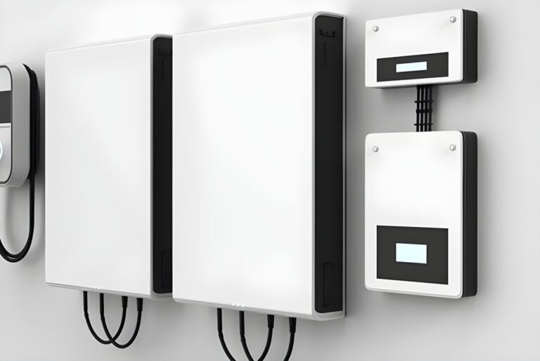 Wall-mounted residential battery storage units and smart energy meters with digital displays on a white wall.