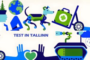 Graphic illustration of a robotic dog, a medical kit on a cart, and a tracked vehicle with the text TEST IN TALLINN.
