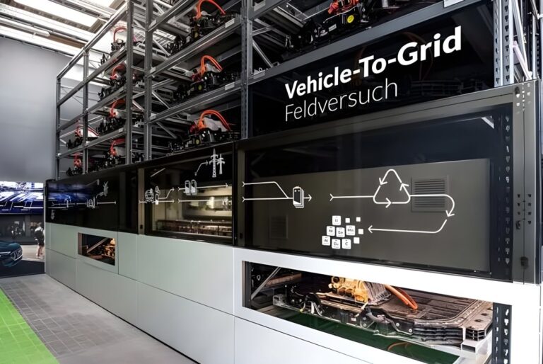 Industrial battery storage racks with Vehicle-To-Grid Feldversuch signage and energy flow diagrams.
