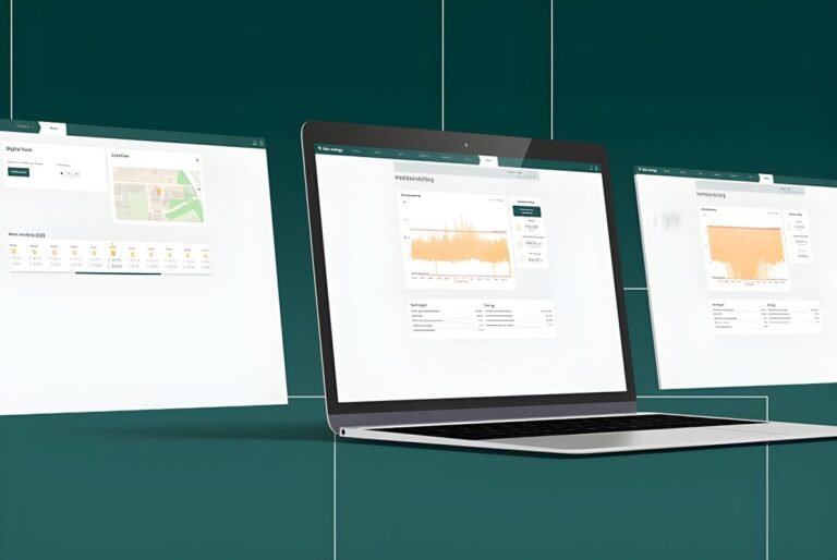 Laptop and digital screens displaying Tibo Energy software dashboards with data charts and maps on a green background.