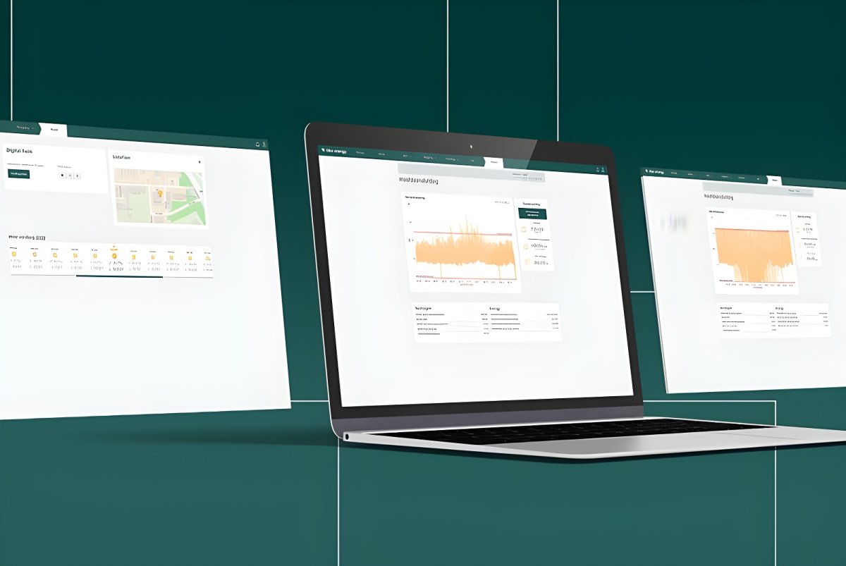 Laptop and digital screens displaying Tibo Energy software dashboards with data charts and maps on a green background.