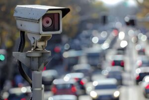 Close-up of a grey traffic monitoring camera mounted on a pole overlooking blurred vehicles in heavy city traffic.