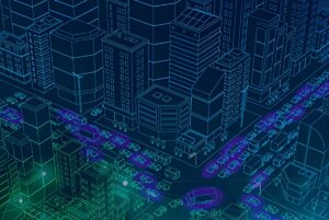 Blue digital wireframe illustration of a city with glowing purple and green highlights on traffic and buildings.