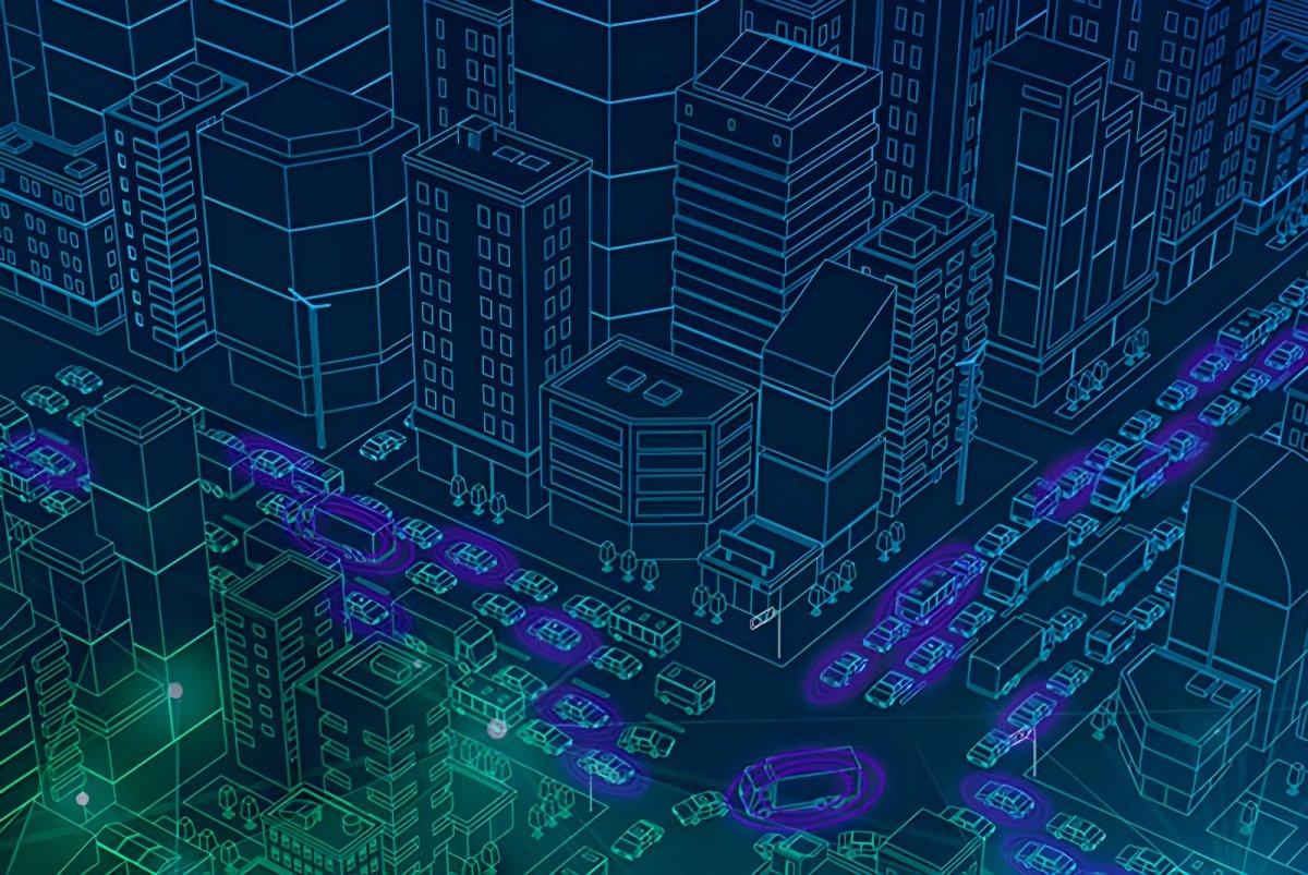 Blue digital wireframe illustration of a city with glowing purple and green highlights on traffic and buildings.