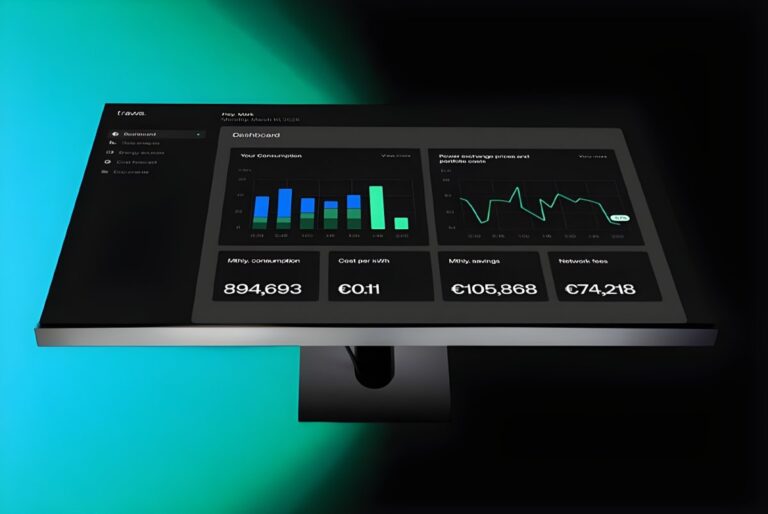 Trawa energy management dashboard on a computer monitor displaying consumption charts and cost data.