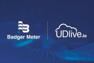 Badger Meter and UDlive.io logos displayed side-by-side on a dark blue abstract background.