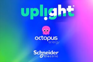 Logos for Uplight, Octopus Energy, and Schneider Electric stacked vertically on a green, blue, and purple gradient background.