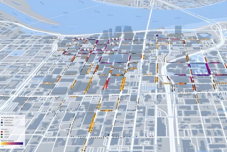 Digital 3D map of Buffalo, New York, with color-coded curb data overlays and a legend for parking and traffic analysis.