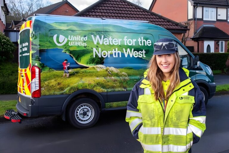 A United Utilities worker in a high-visibility jacket stands in front of a branded company van on a residential street.