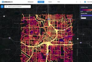 Urban SDK geospatial AI platform interface displaying a color-coded collision index heat map over a city street grid.
