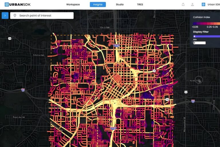Urban SDK geospatial AI platform interface displaying a color-coded collision index heat map over a city street grid.