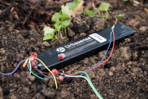 An Urbasense soil moisture sensor with exposed wiring sits partially buried in dark earth next to small green plants.