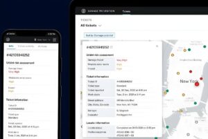 Urbint risk assessment software interface displayed on a smartphone and laptop showing a New York City damage prevention map.