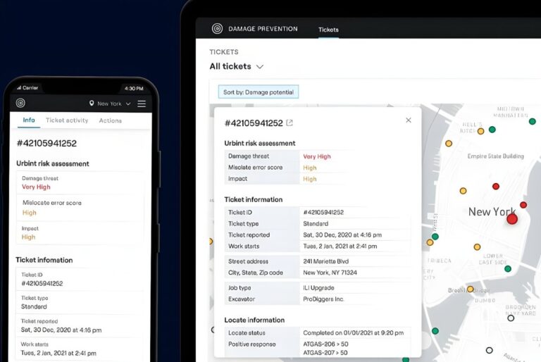 Urbint risk assessment software interface displayed on a smartphone and laptop showing a New York City damage prevention map.