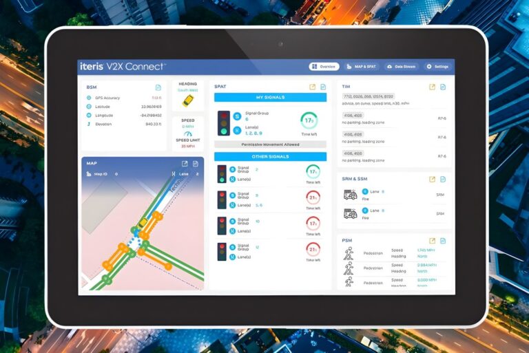 Tablet displaying the Iteris V2X Connect traffic management dashboard over an aerial city background.