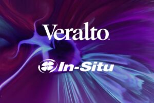 Veralto and In-Situ logos centered over an abstract purple and blue swirling liquid background.