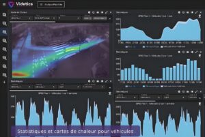 Videtics software dashboard displaying a traffic heat map and blue data analytics charts for vehicle flow monitoring.